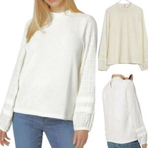 Madewell Weavemix Mockneck Bubble-Sleeve Top Womens Medium Cream Ribbed Casual